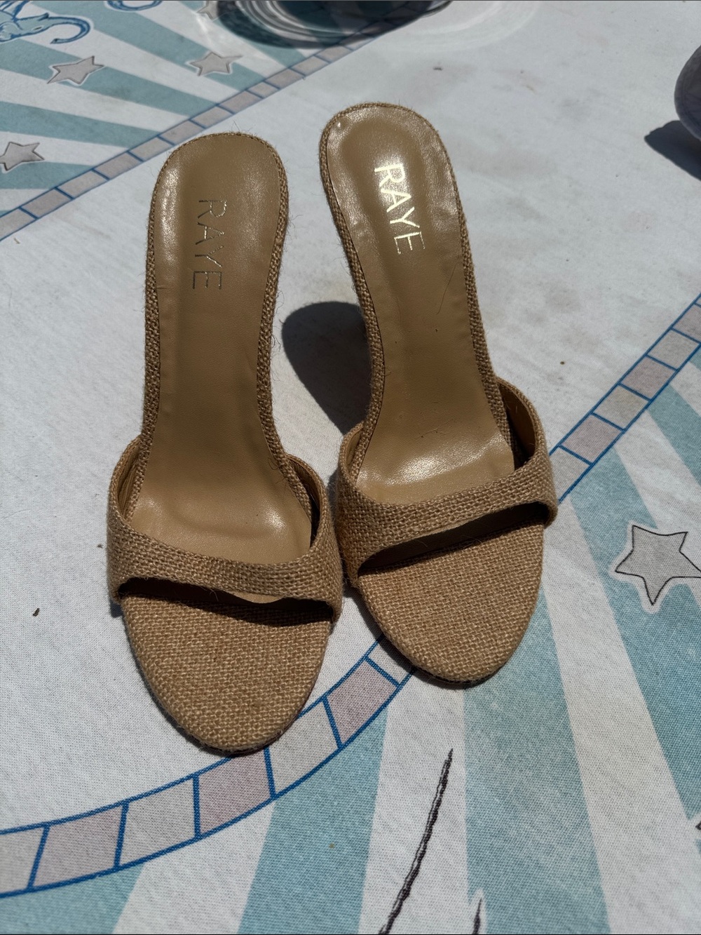 RAYE Tan Woven Open-Toe Mule Heels